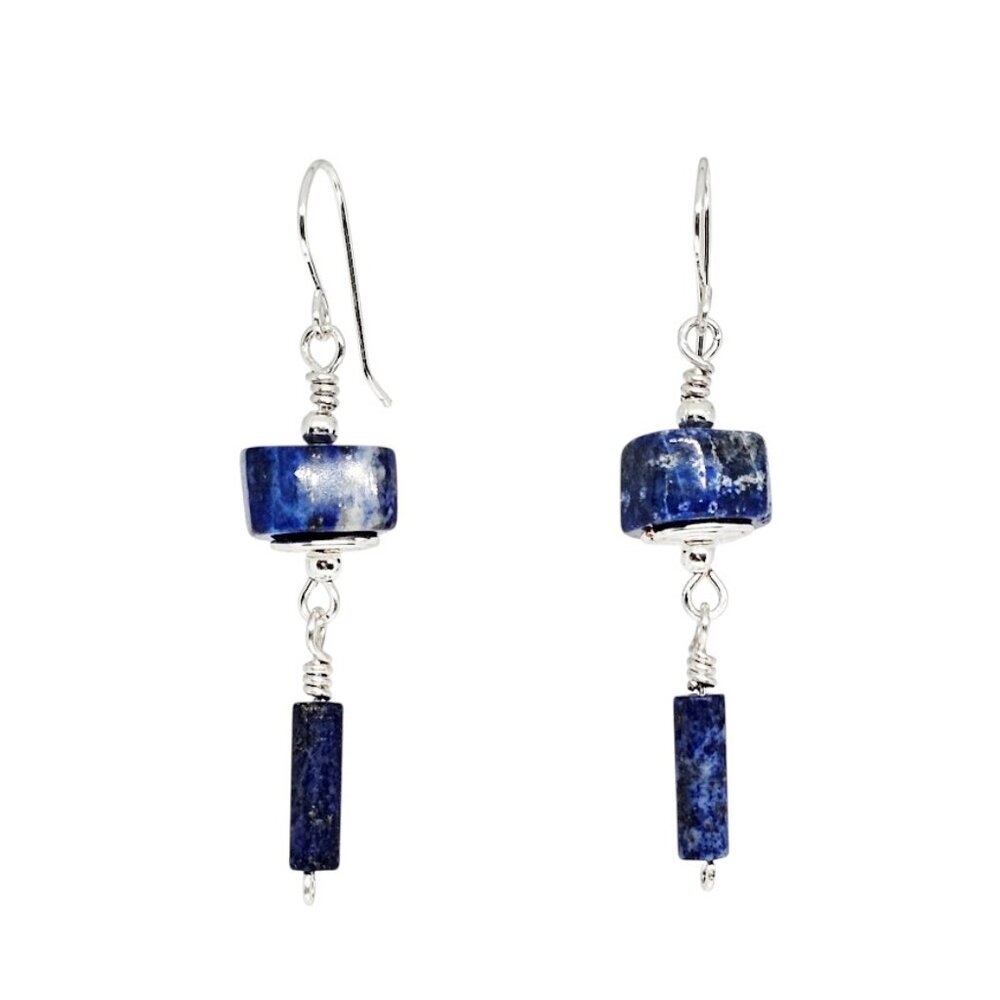 Handmade Blue Lapis Lazuli Gemstone Beaded Silver-Tone Dangle Boho Earrings